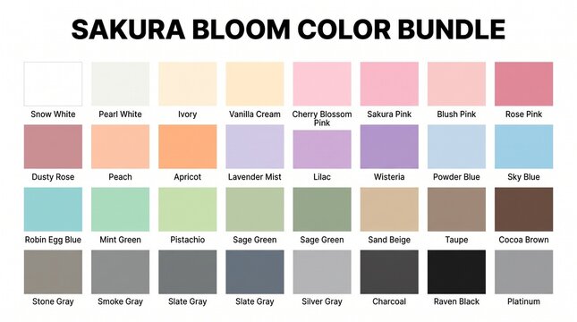Sakura bloom color palette bundle chart featuring soft pastel hues, swatches