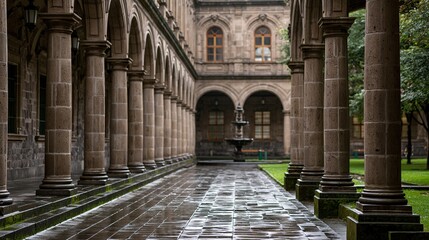 Obraz premium Wet stone walkway through historic colonnade with fountain and arched windows in background