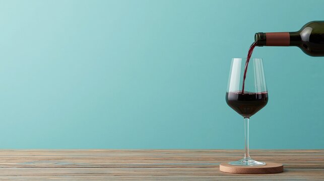 Red wine being poured from a dark glass bottle into a clear wine glass on a wooden table with a teal background