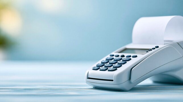 Close-up of a Modern Payment Terminal with Receipt Paper Roll on a Light Blue Surface