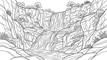 Obraz premium Scenic Waterfall and Rocky Canyon Landscape Coloring Page Illustration