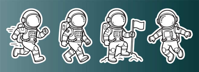 Cute astronaut sticker set. Cartoon space explorer characters in various action poses. © DreamStudio46