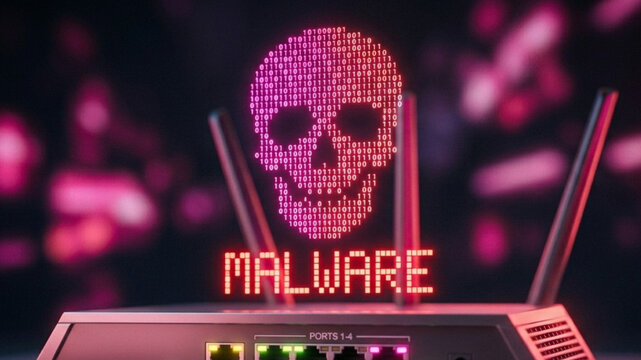 Digital router with a red binary skull and malware text representing a network security breach