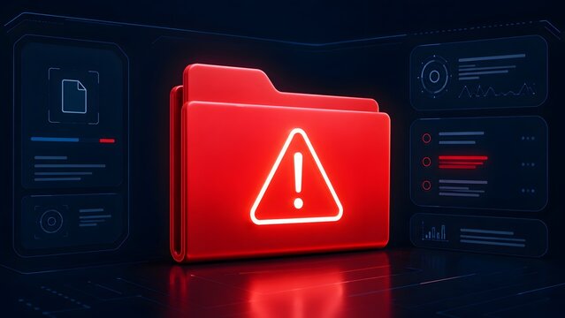 Glowing red digital folder with a warning exclamation mark surrounded by futuristic data panels representing compromised files or security alerts