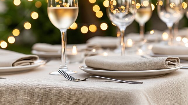 Elegant outdoor dining table setting with wine glasses and bokeh lights for celebration