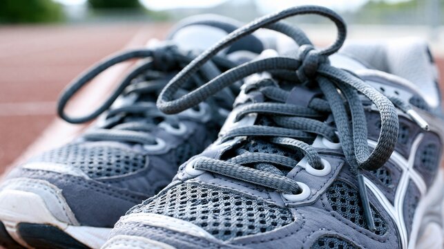 Close-up of Gray Running Shoes with Tied Laces on a Track, Ready for Athletic Activity