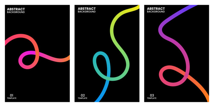 Set of three abstract posters featuring vibrant glowing neon curved lines on a solid black background design