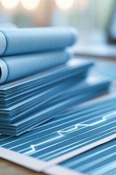 Stack of Blue Documents and Rolled Blueprints with Financial Chart and Data Overlay