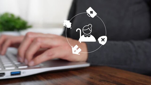 Businessperson pointing towards an animation showing an icon of an elderly woman with a piggy bank, a first-aid kit, a house, and a shield with a cross. Financial and health planning for seniors.