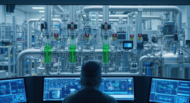 Perspective on control room overseeing automated microsatellite green propellant blending systems with multiple pipelines and safety indicators.