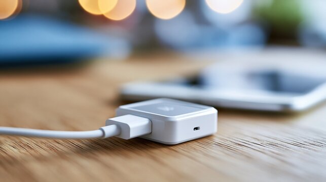 Close-up of a modern square wireless charging pad with a white cable plugged in, next to a smartphone on a wooden surface.