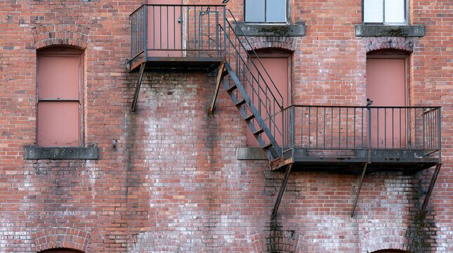 Exterior Brick Building Wall with Rusty Fire Escape Stairs and Closed Doors
