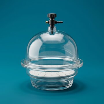 Laboratory vacuum desiccator isolated on a deep cyan background, representing data preservation, cybersecurity, digital protection, secure storage, and business continuity