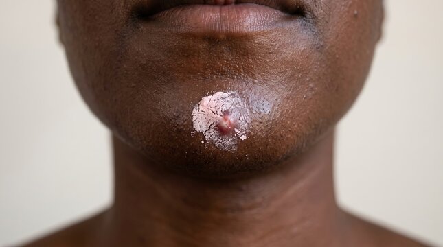 Close Up of Black Man Chin with Inflamed Boil Covered in Calamine Drying Lotion