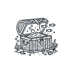 Open Treasure Chest with Gold Coins and Fish Illustration. © Ra
