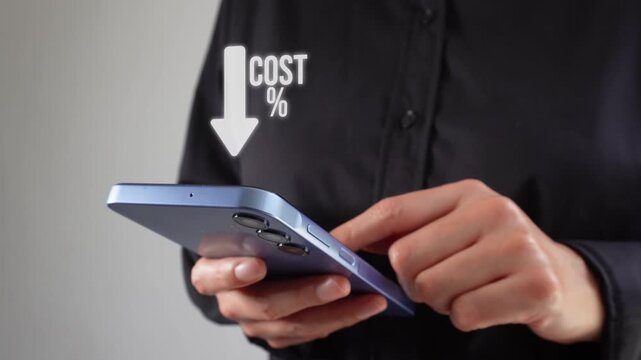 Person holds smartphone, taps screen, arrow points down with 'cost %'