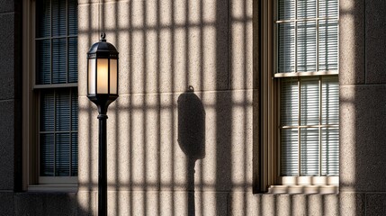 Obraz premium Street Lamp Casts Geometric Shadows on Textured Stone Building Facade Near Window