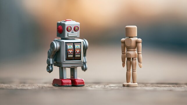 Retro tin robot toy standing next to a wooden mannequin artist model on a textured surface