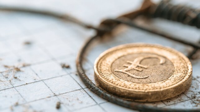 Golden British Pound Coin Caught in Rusty Metal Animal Trap on Textured Surface, Symbolizing Financial Risk