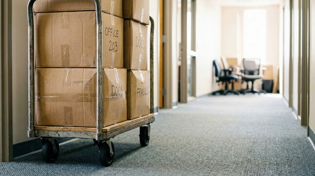 Rolling cart stacked with cardboard boxes in office corridor, business relocation and moving concept