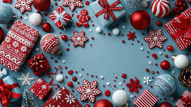 Festive Christmas flat lay of gift boxes, ornaments, snowflakes, and gingerbread cookies on a blue background