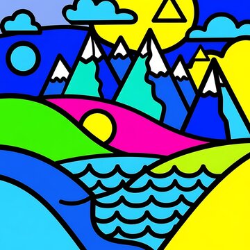 Colorful abstract geometric pattern with mountain and wave motifs.