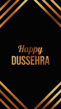 Black background with golden geometric lines. Text reads 'Happy Dussehra'. Elegant festive design suitable for celebrations. Perfect for greeting cards, event banners, or social media posts