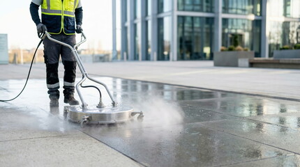 Obraz premium Worker pressure washing outdoor pavement near modern glass office building, professional cleaning concept
