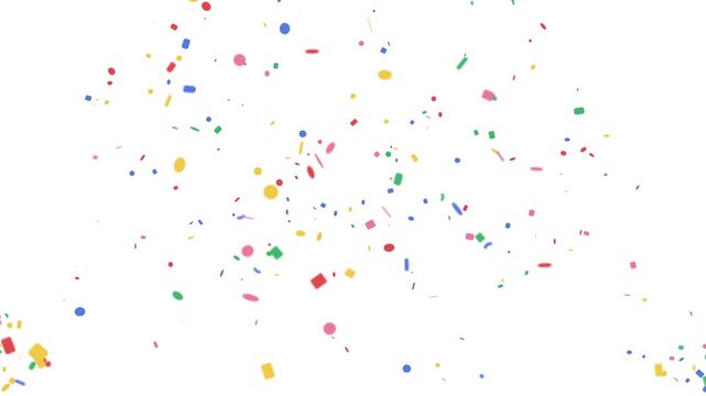 Dynamic confetti explosion featuring twin corner cannons with vibrant streams of red, gold, green, blue, and rose confetti cascading over a bright white background, perfect for celebrations and
