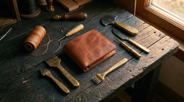 Handcrafted leather wallet surrounded by artisan tools on rustic workbench, leathercraft workshop concept
