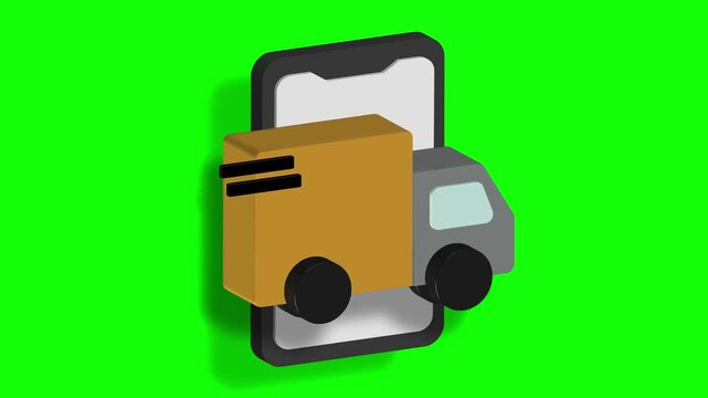 Smartphone screen displays a delivery truck and package icon. Green screen background. Simple 3D cartoon style animation. Focus on delivery app or e-commerce concept. Suitable for online shopping