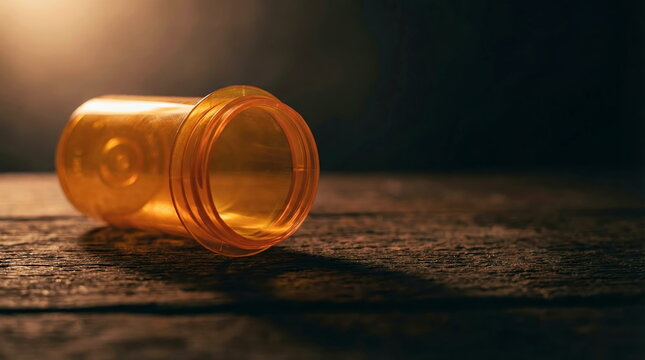 Amber pill bottle tipped over on rustic wooden table under warm dramatic light, medication concept