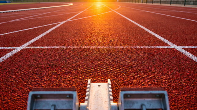 Running track starting blocks with lane lines at sunrise, athletic competition concept