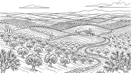 Fototapeta premium Mediterranean Olive Grove Landscape with Rolling Hills and Farmhouse Illustration