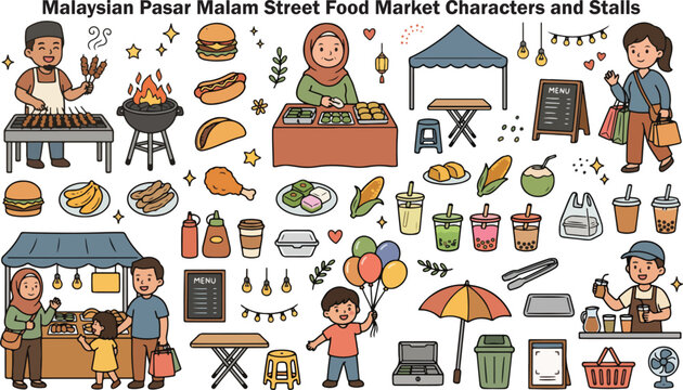 Malaysian Pasar Malam Street Food Market Characters and Stalls