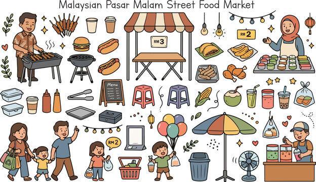Malaysian Pasar Malam Street Food Market Characters and Stalls