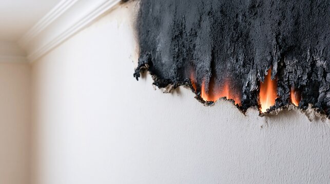 Close-up of a white wall edge with black charring and intense orange flames consuming the surface