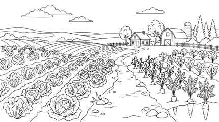 Fototapeta premium Farm Landscape Coloring Page with Vegetable Garden and Barn