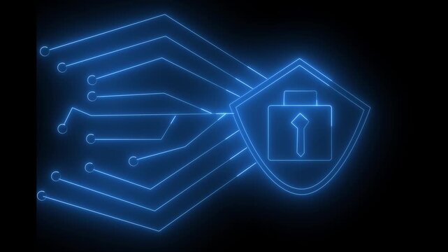 Neon blue digital security shield icon glowing over circuit board lines animation representing cybersecurity data protection network safety technology background motion graphic.