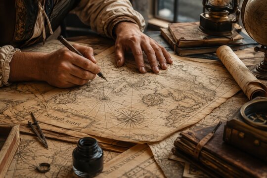 Explorer drawing an old map with a quill pen, surrounded by antique navigation tools and books