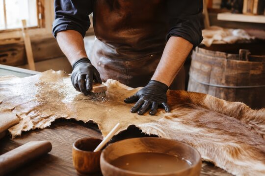 Leatherworking process in a rustic workshop, with hands treating a hide
