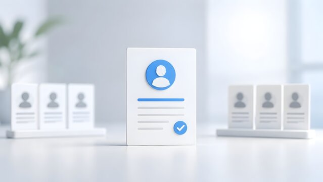 3D illustration of an approved resume document with a checkmark standing out among other candidate profiles