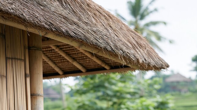 Close-up of a traditional thatched roof and bamboo wall of a tropical hut with lush greenery in the background