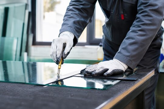 Glass cutter at work, skilled craftsman shaping glass plate