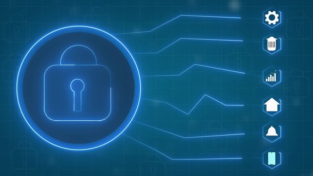 Digital security concept animation featuring glowing blue padlock icon connected to various system application symbols for data protection and cyber safety networking software.