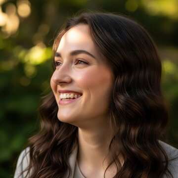 Portrait of a smiling young woman with long wavy brown hair looking away in a natural outdoor setting