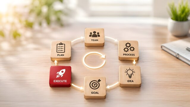 Wooden blocks circular workflow with business strategy icons leading to a red execute rocket block