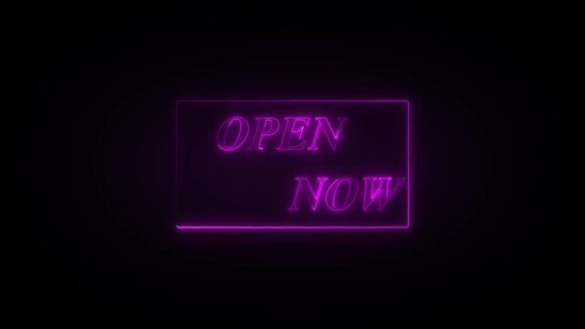 Bright purple neon sign proclaiming open now with a glowing outline, digital animation motion graphics on black background.