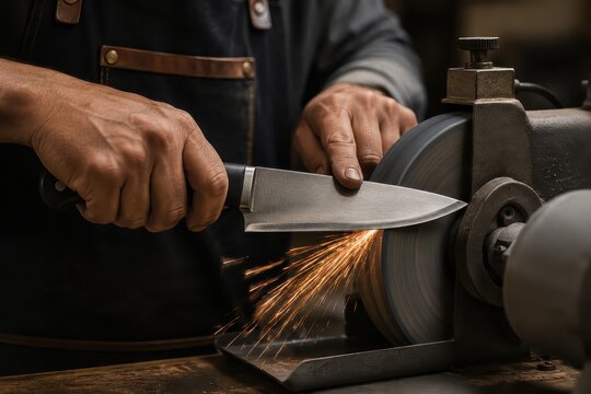 Close-up of hands sharpening a knife with sparks flying on a grinding wheel