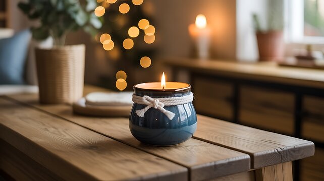 Warm cozy candle on wooden table near window bokeh lights and holiday tree creating a festive home atmosphere